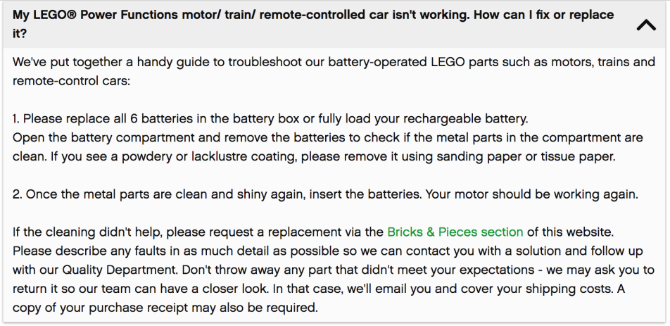 تصویر صفحه از اطلاعاتی درباره اینکه اگر موتور ، قطار ،ماشین کنترل از راه دور Lego Power Functions شما کار نمی کند باید چه کاری انجام دهید