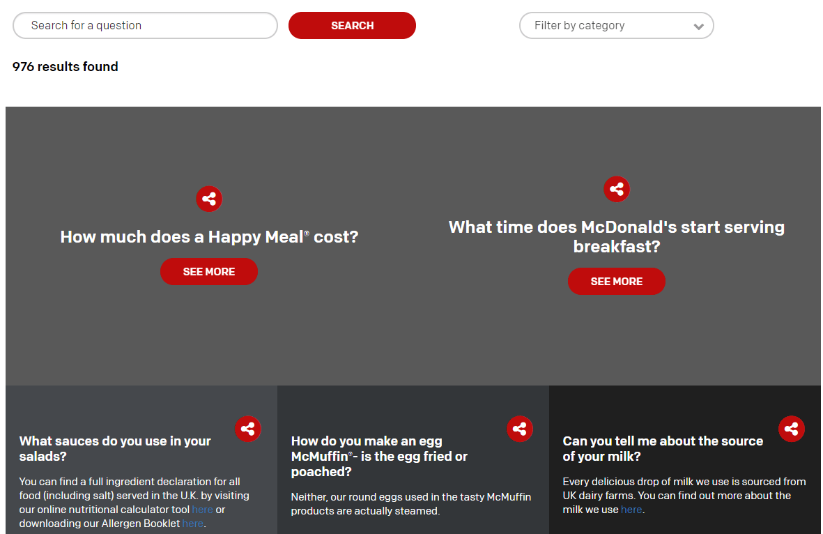 صفحه سوالات متداول وب سایت MacDonald's