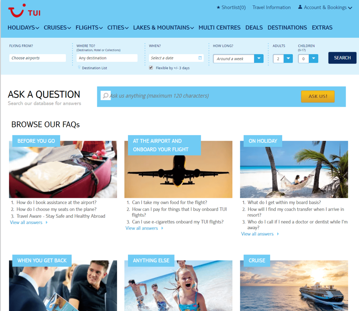 صفحه سوالات متداول وب سایت TUI