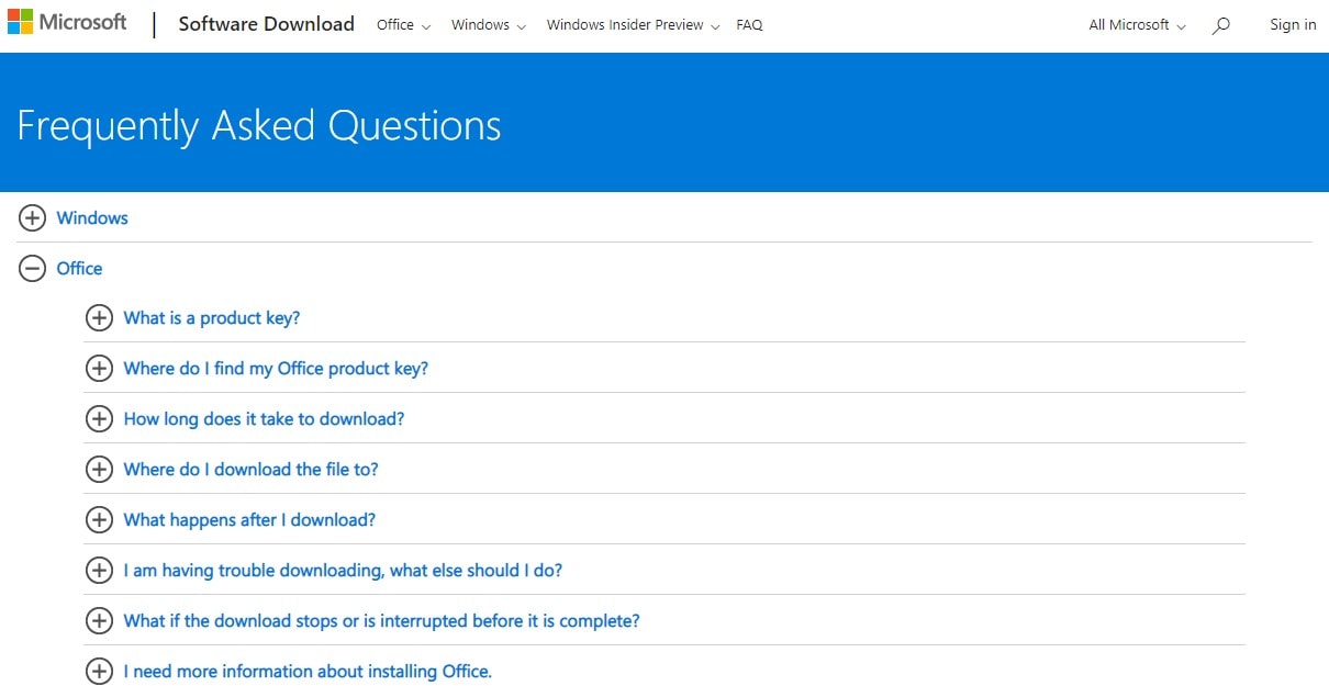 صفحه سوالات متداول وب سایت Microsoft